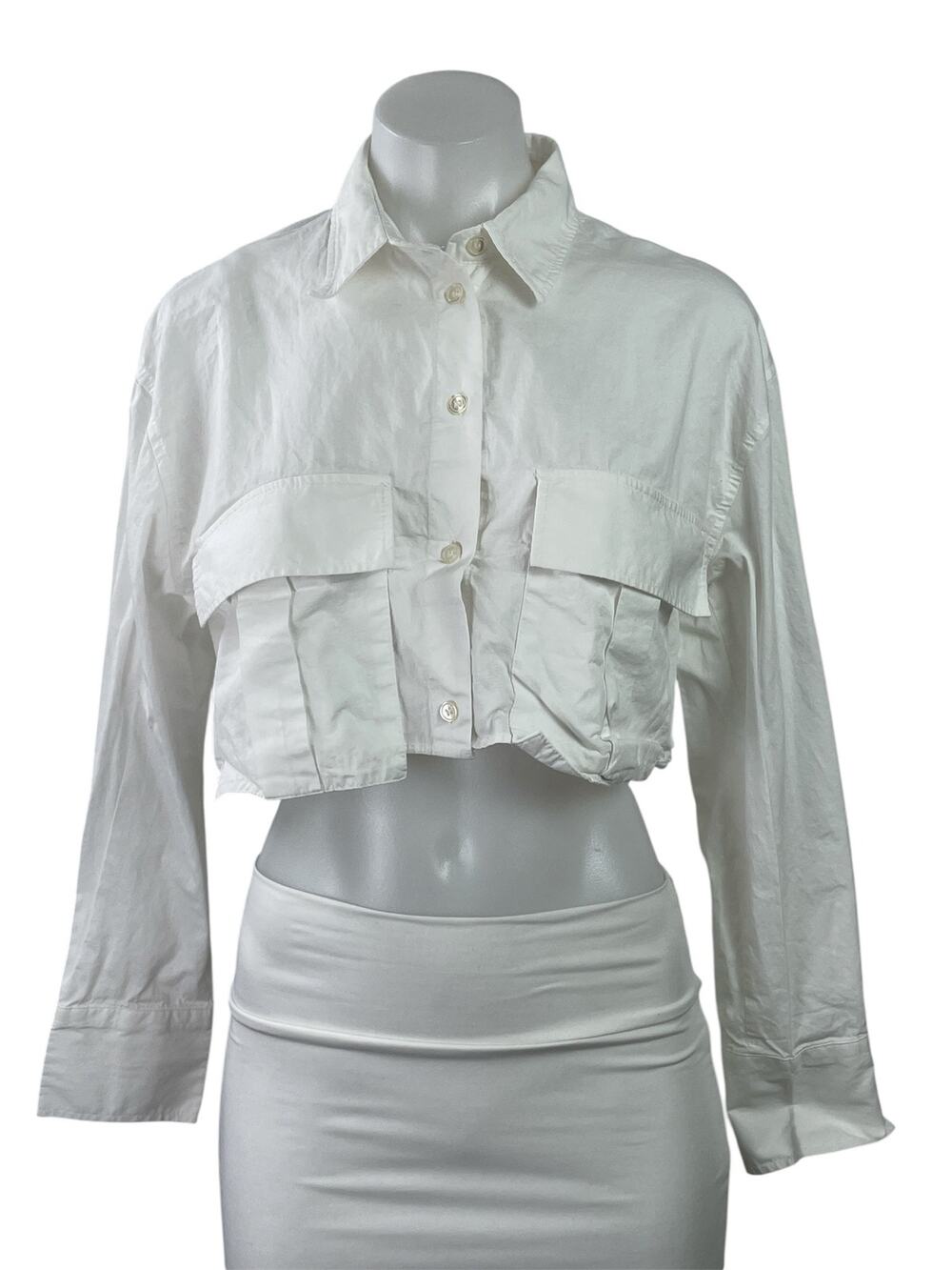Zara Women White Long Sleeve Utility Pocket Cropped Button Down Shirt Top Size S